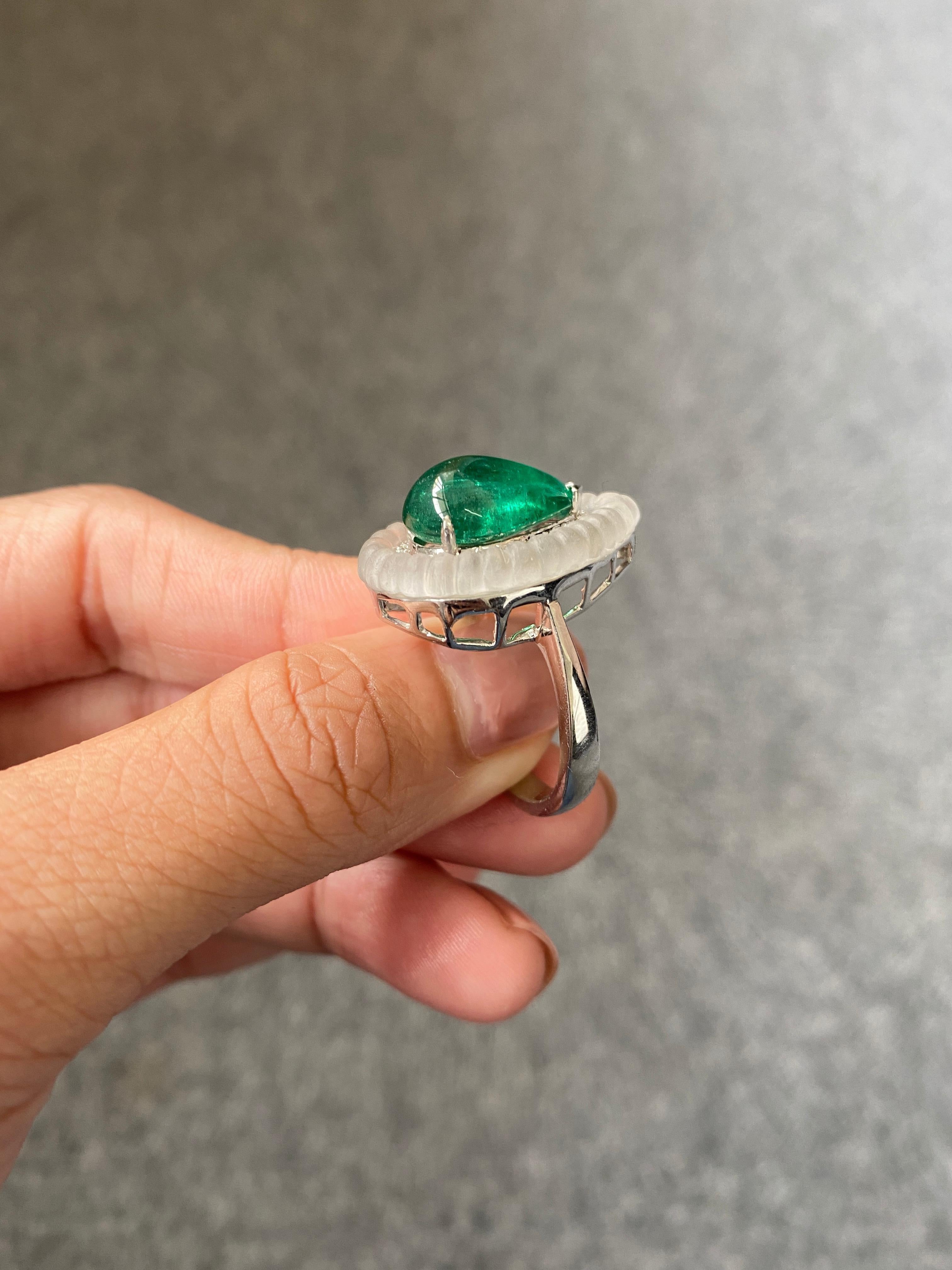 5.15 Carat Pear Shape Cabochon Emerald Art Deco Style Ring For Sale 4