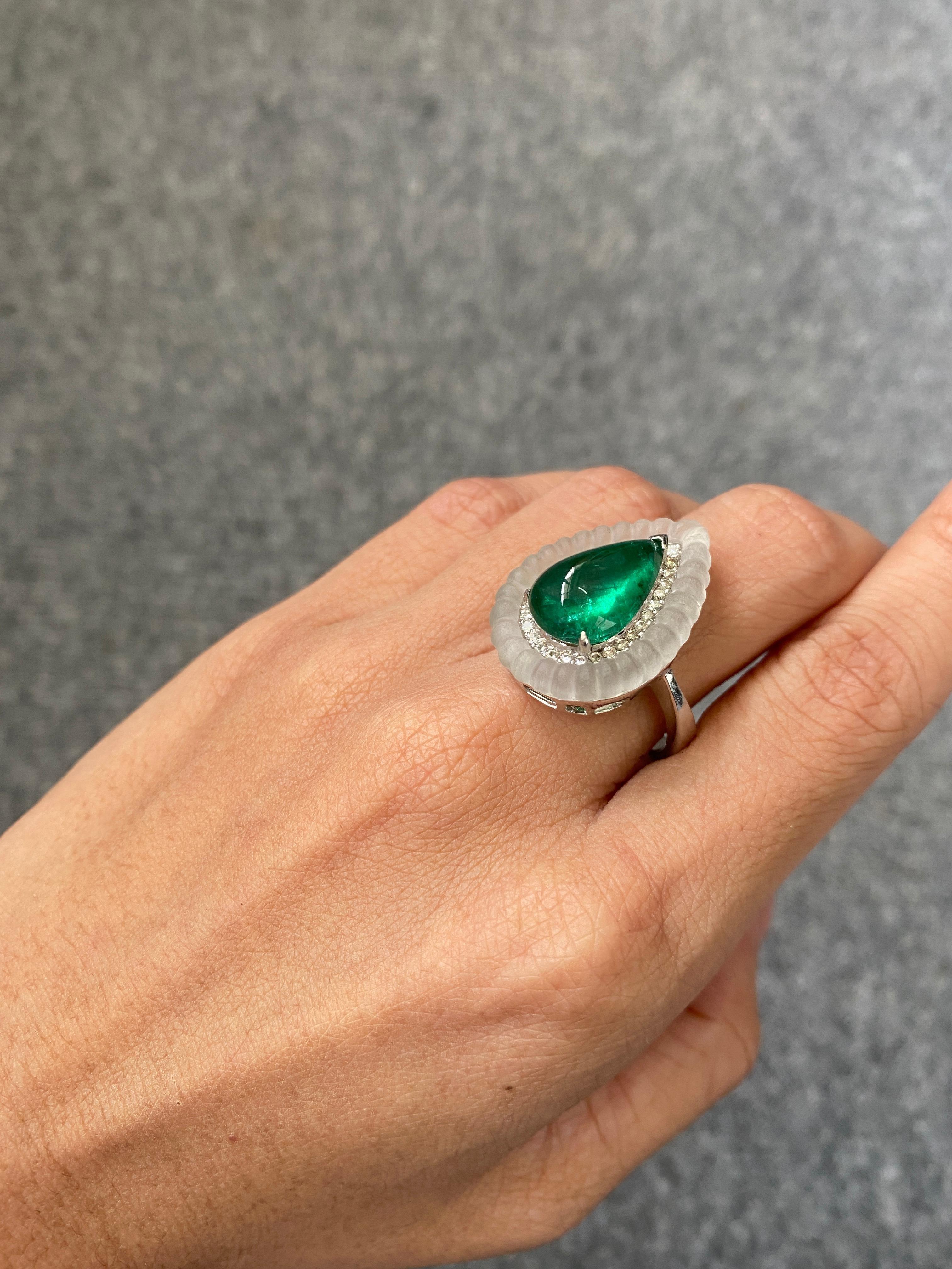 Pear Cut 5.15 Carat Pear Shape Cabochon Emerald Art Deco Style Ring For Sale
