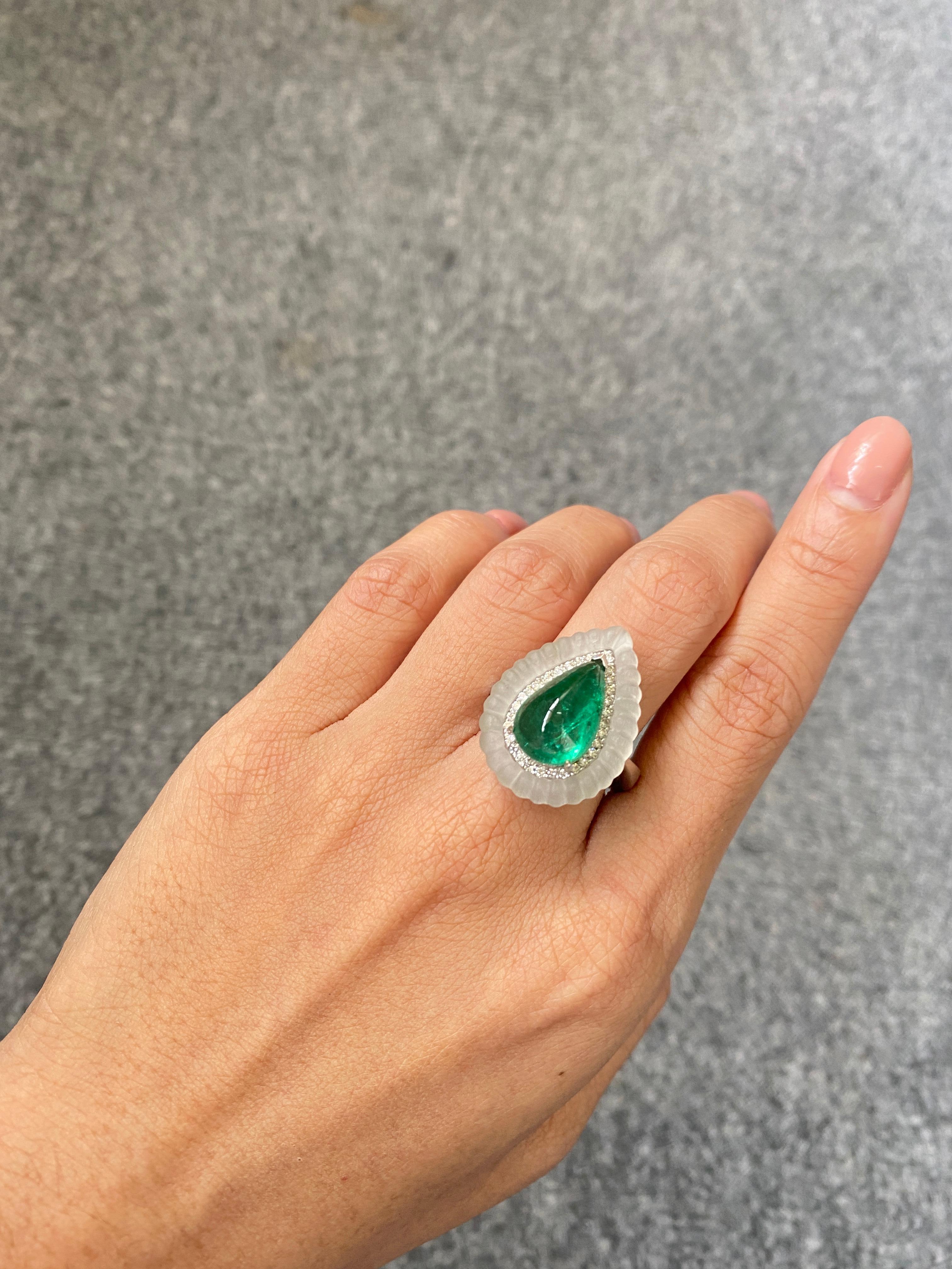 5.15 Carat Pear Shape Cabochon Emerald Art Deco Style Ring In New Condition For Sale In Bangkok, Thailand