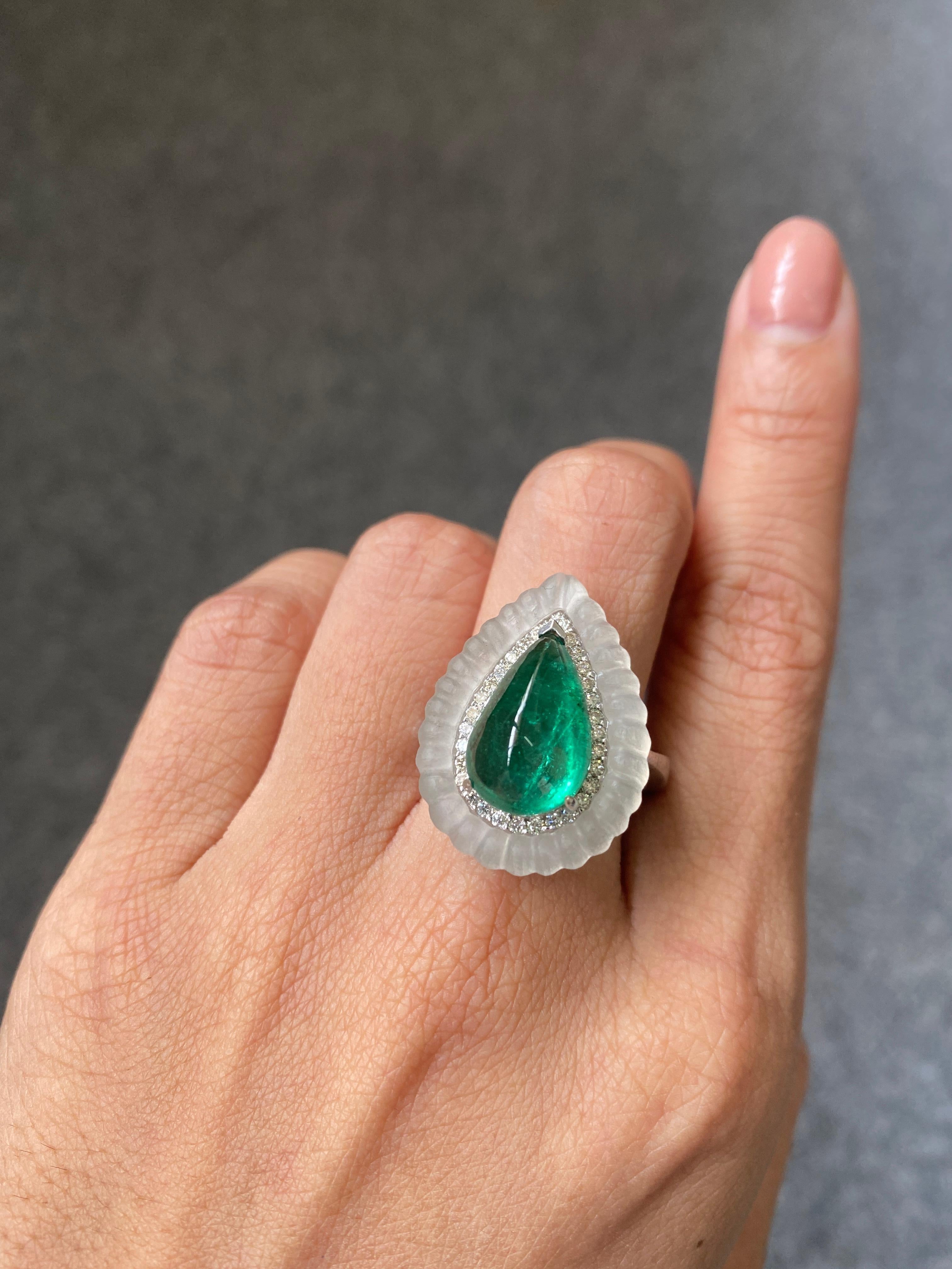 5.15 Carat Pear Shape Cabochon Emerald Art Deco Style Ring For Sale 1