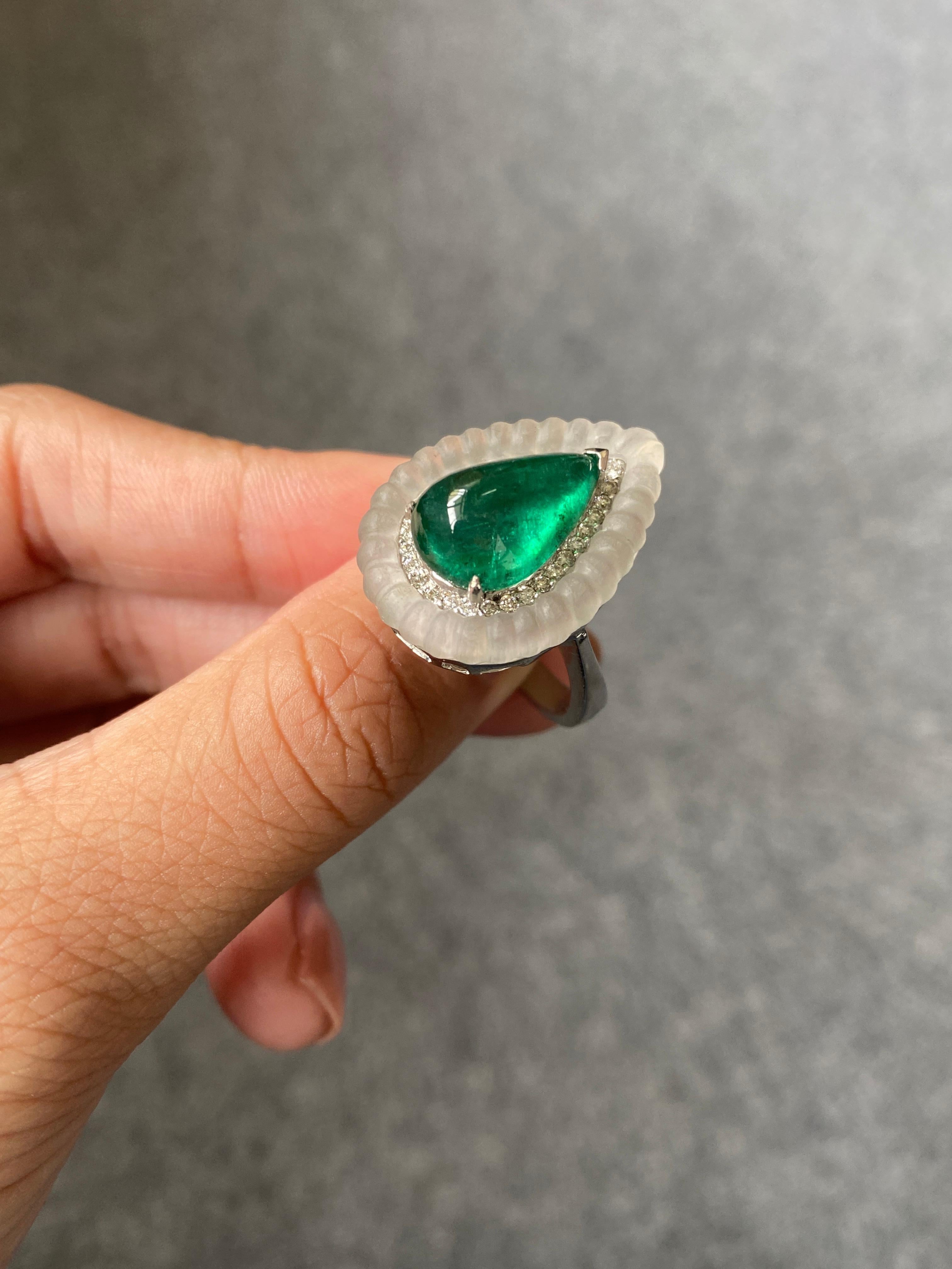 5.15 Carat Pear Shape Cabochon Emerald Art Deco Style Ring For Sale 3