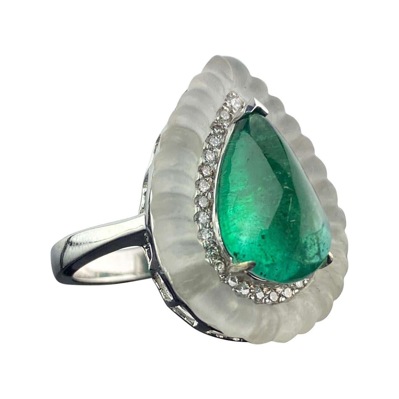 5.15 Carat Pear Shape Cabochon Emerald Art Deco Style Ring For Sale