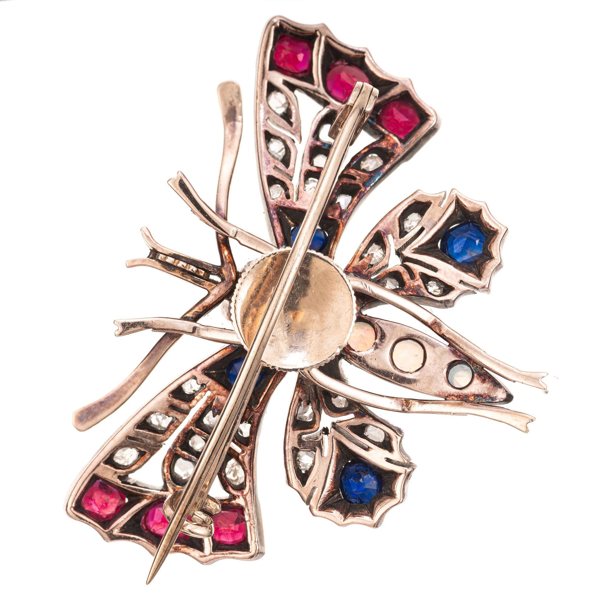 Round Cut 5.15 Carat Ruby Sapphire Diamond Opal Gold Silver Victorian Moth Brooch For Sale