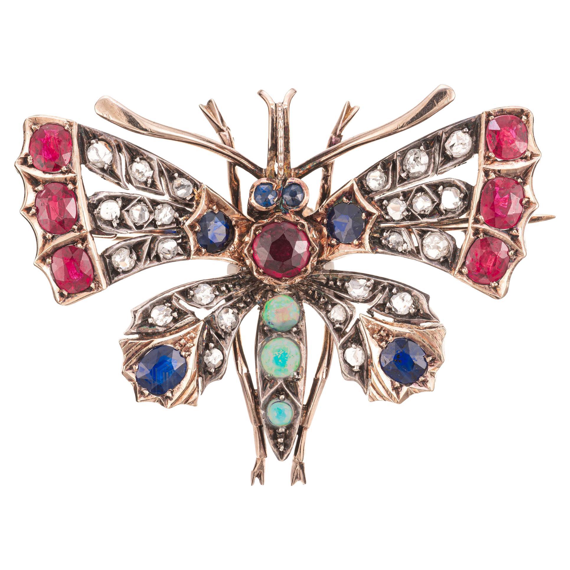5.15 Carat Ruby Sapphire Diamond Opal Gold Silver Victorian Moth Brooch For Sale