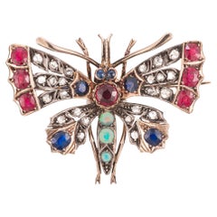 5.15 Carat Ruby Sapphire Diamond Opal Gold Silver Victorian Moth Brooch