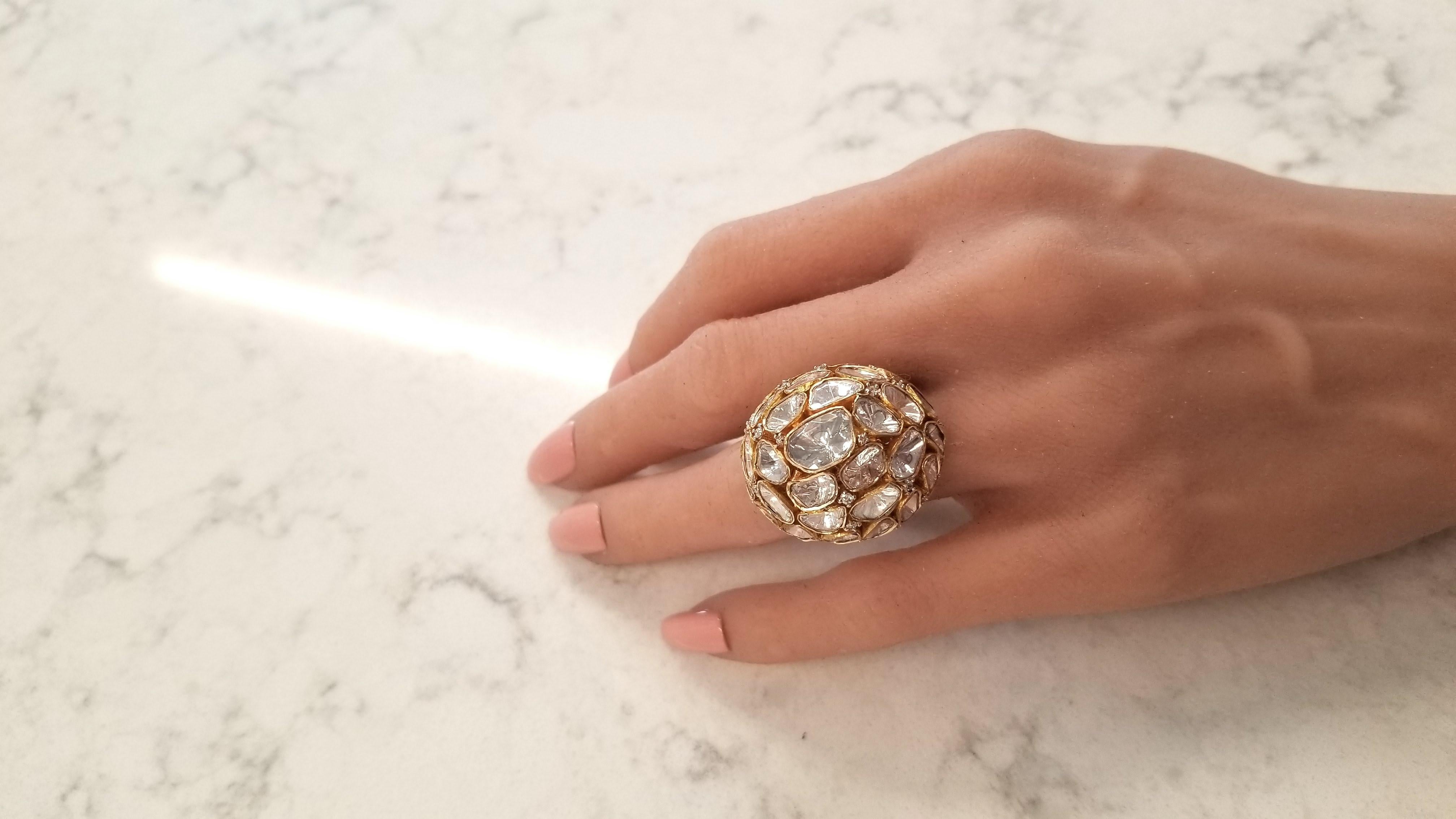5.15 Carat Total Polki Diamond Dome Ring in 18 Karat Yellow Gold In New Condition In Chicago, IL