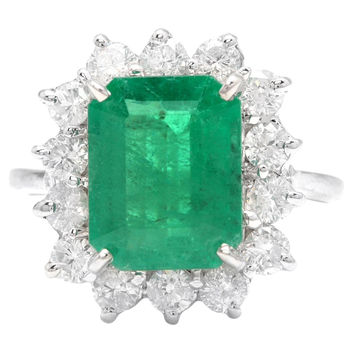 5.15 Carats Natural Emerald and Diamond 14K Solid White Gold Ring For Sale