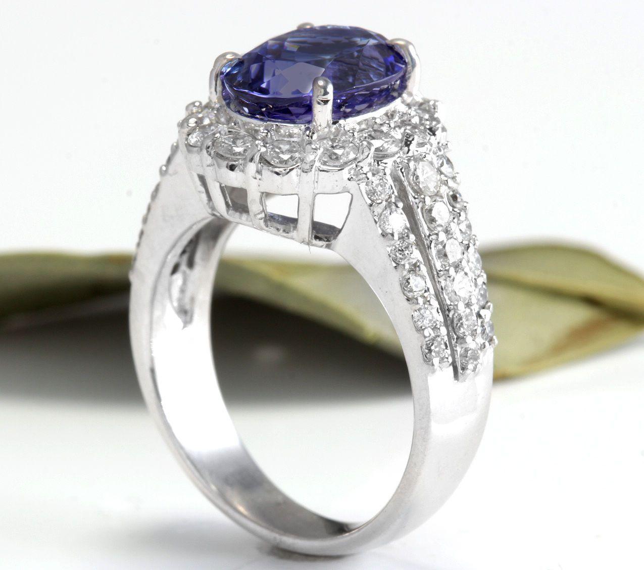 Women's 5.15 Carat Natural Tanzanite and Diamond 14 Karat Solid White Gold Ring For Sale