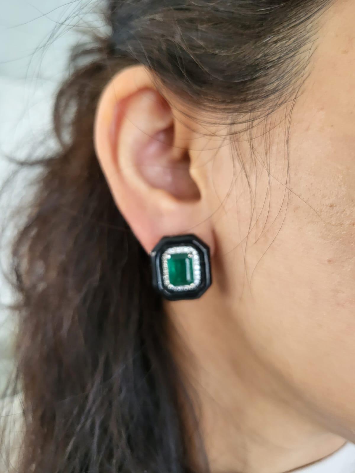 5.15 Carats, Natural Zambian Emerald, Diamonds & Black Enamel Stud Earrings 4