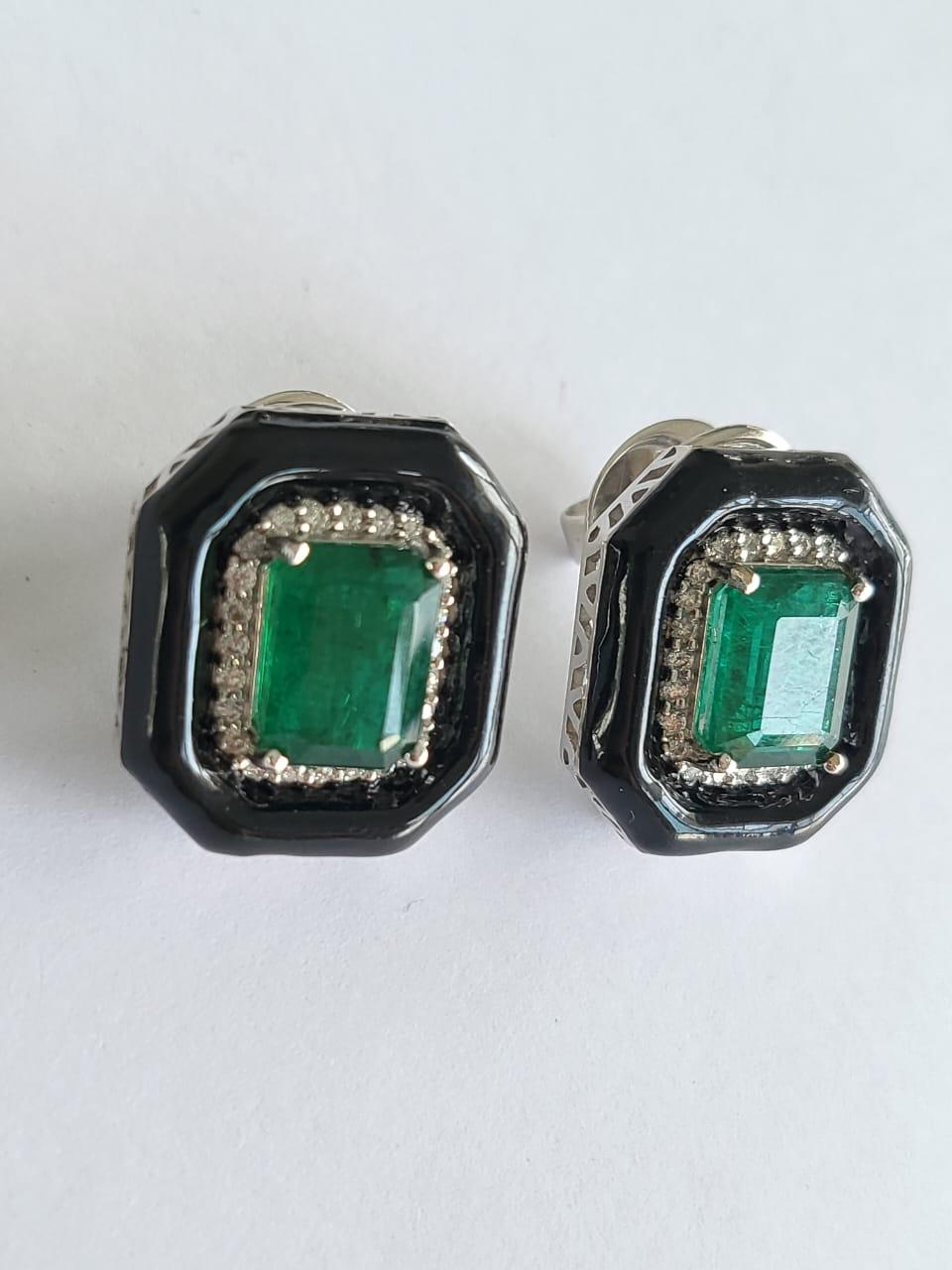 Art Deco 5.15 Carats, Natural Zambian Emerald, Diamonds & Black Enamel Stud Earrings