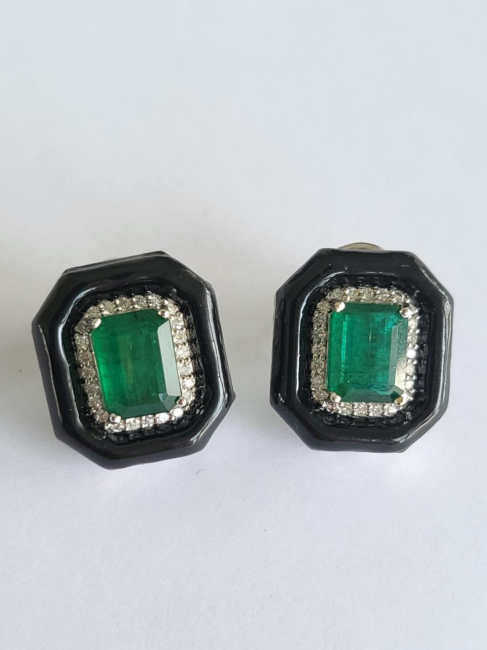 Emerald Cut 5.15 Carats, Natural Zambian Emerald, Diamonds & Black Enamel Stud Earrings