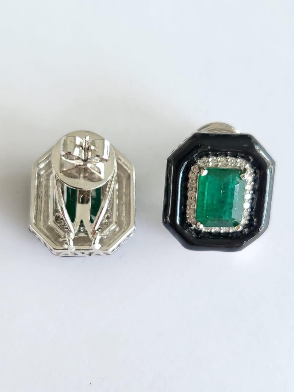 5.15 Carats, Natural Zambian Emerald, Diamonds & Black Enamel Stud Earrings In New Condition In Hong Kong, HK