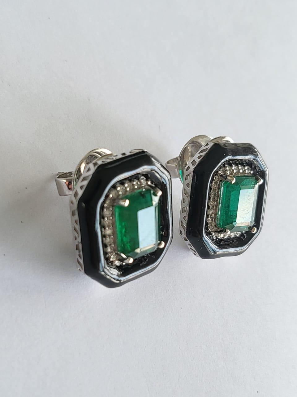 5.15 Carats, Natural Zambian Emerald, Diamonds & Black Enamel Stud Earrings 1