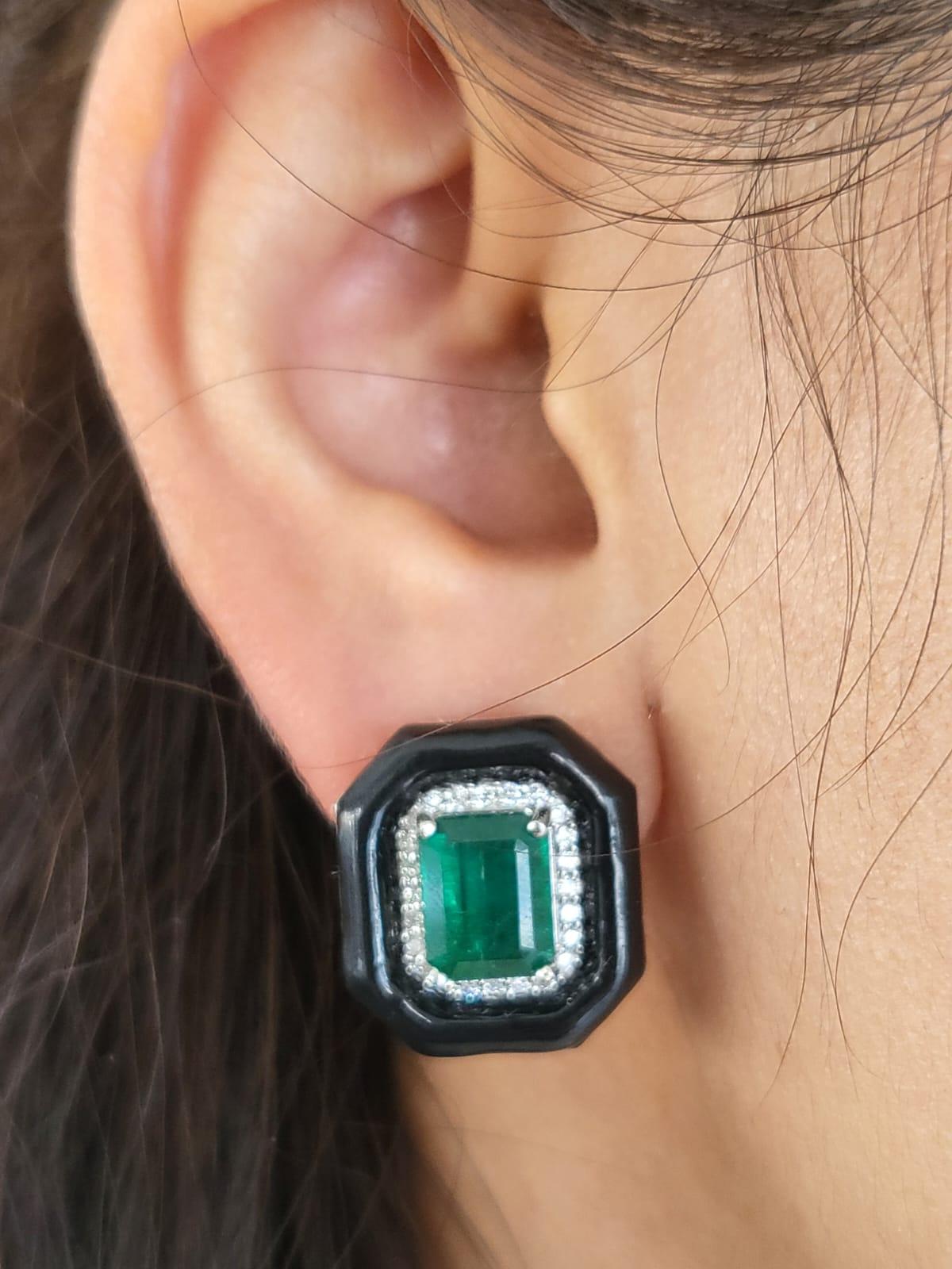 5.15 Carats, Natural Zambian Emerald, Diamonds & Black Enamel Stud Earrings 3