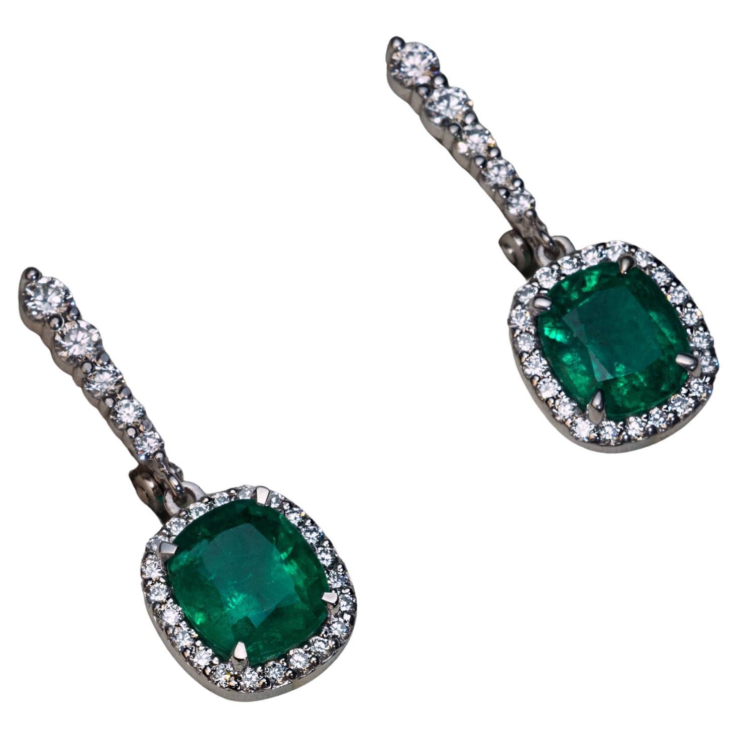 5.15 Carat Emerald Diamond White Gold Dangle Earrings