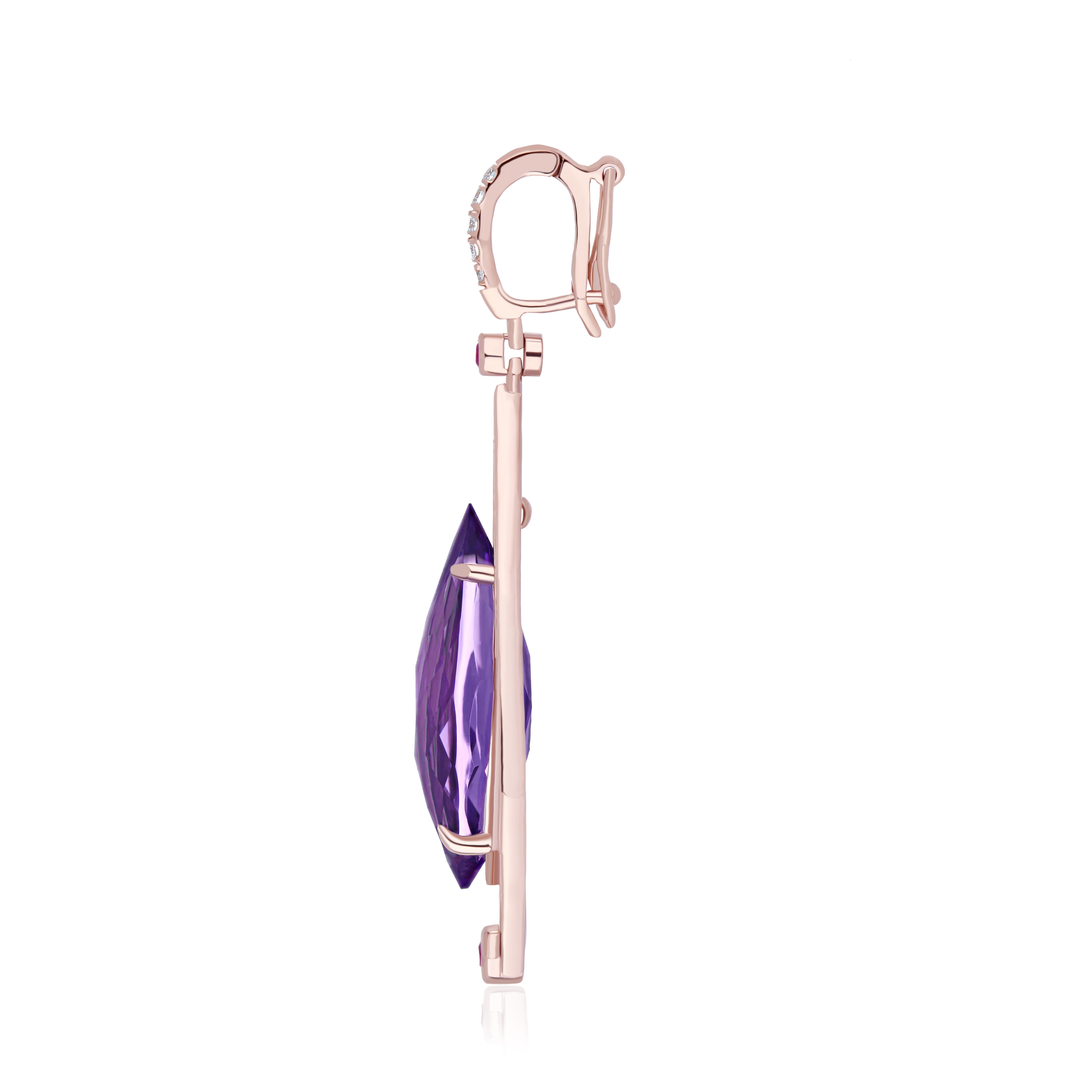 Elegant and Exquisitely Detailed 14Karat Rose Gold Pendant studded with Amethyst in Marquise Shape weighing approx. 5.17Cts and contrasting vibrant Red Ruby in Round Shape weighing 0.07Cts further enhanced with micro pave Set Diamond weighing