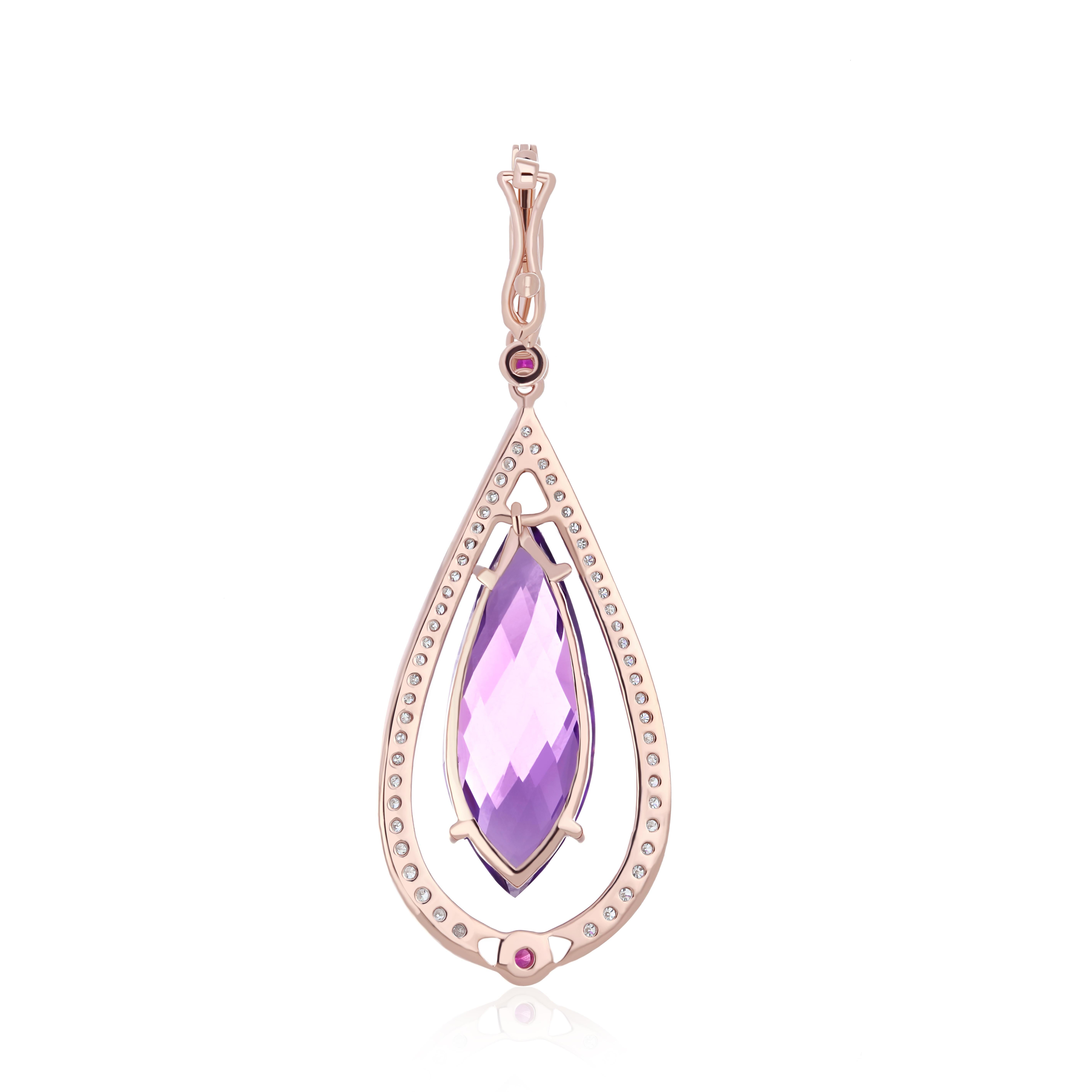 Marquise Cut 5.15Cts Amethyst, Ruby & Diamond Pendant in 14K Rose Gold Handmade jewelry  For Sale