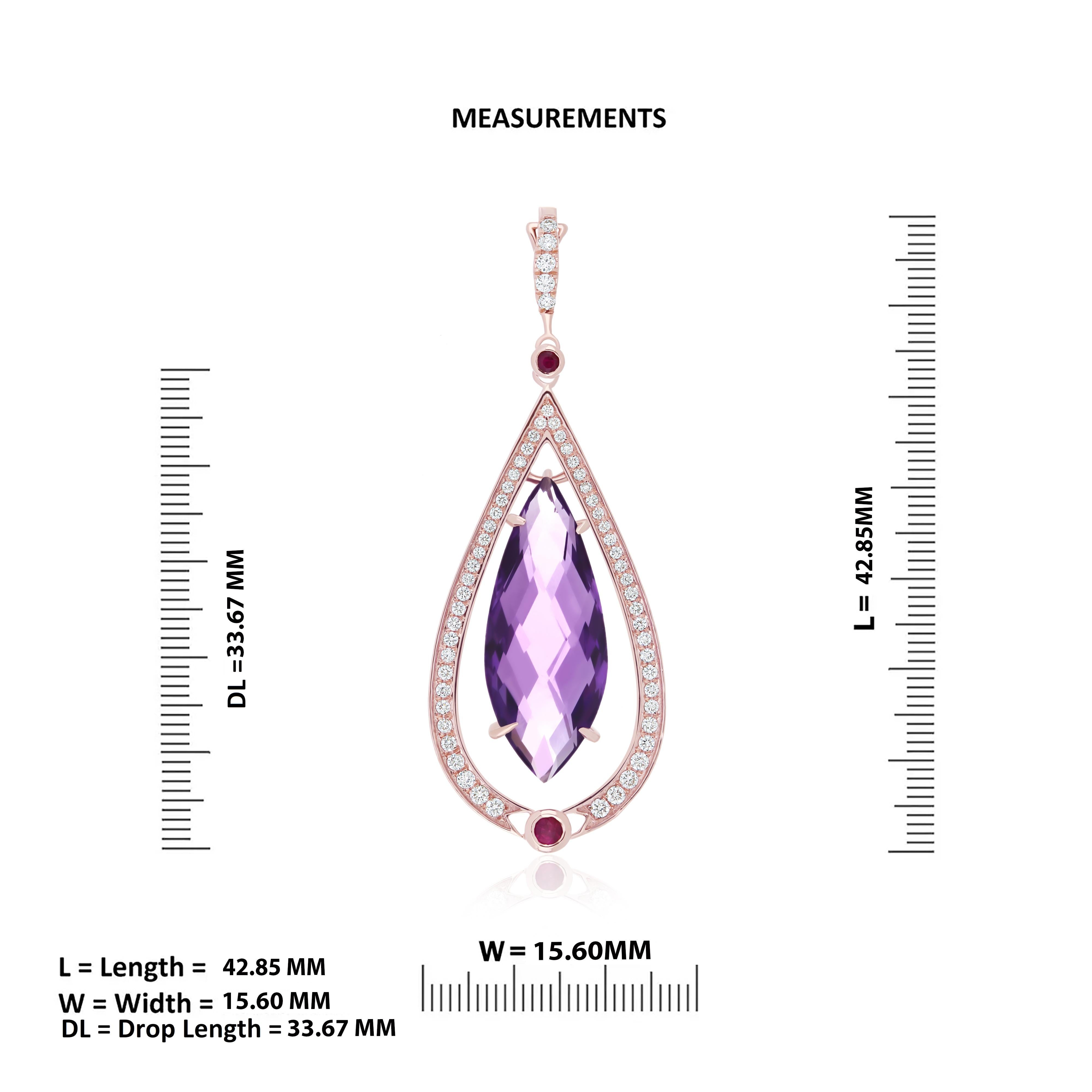 5.15Cts Amethyst, Ruby & Diamond Pendant in 14K Rose Gold Handmade jewelry  In New Condition For Sale In JAIPUR, IN