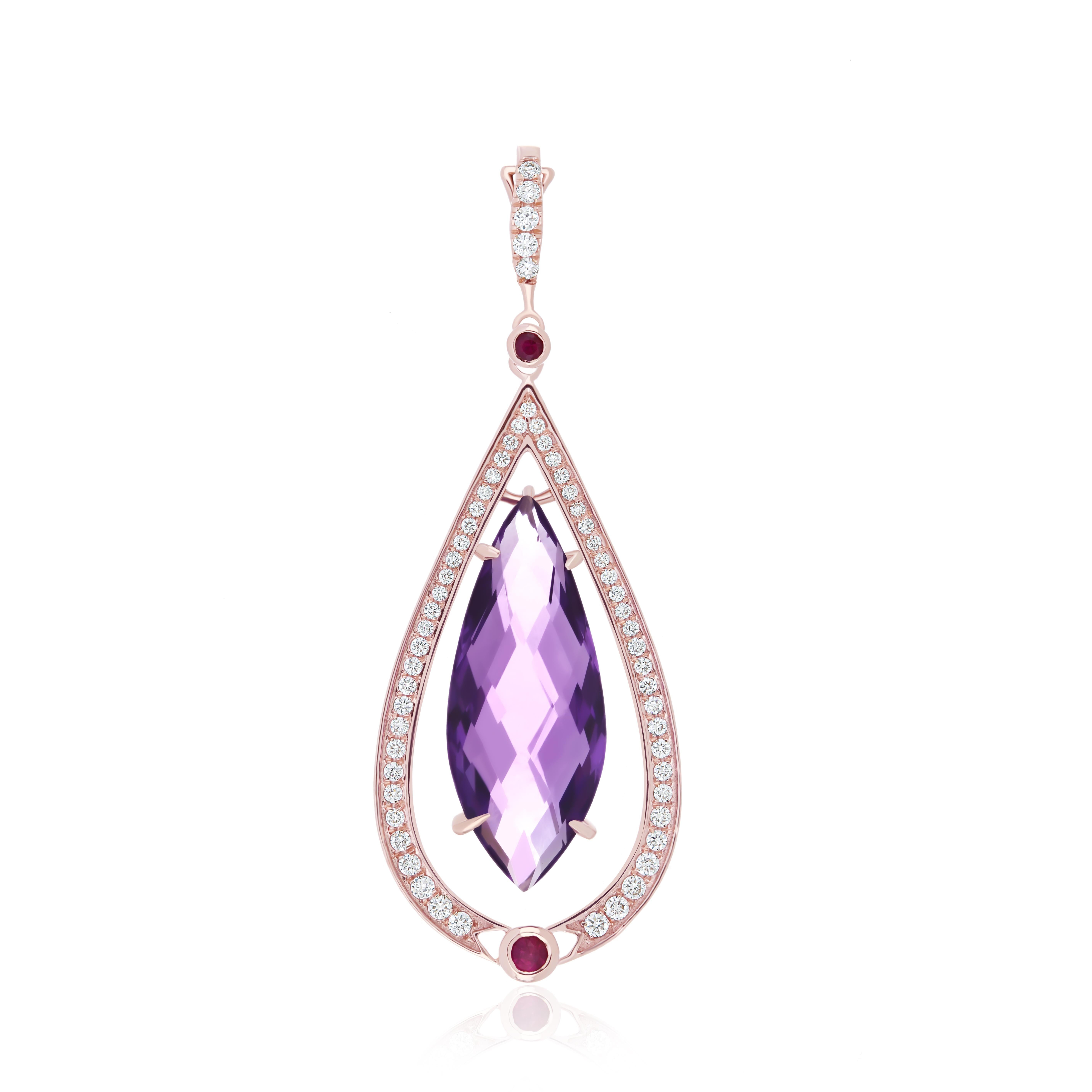 Women's 5.15Cts Amethyst, Ruby & Diamond Pendant in 14K Rose Gold Handmade jewelry  For Sale