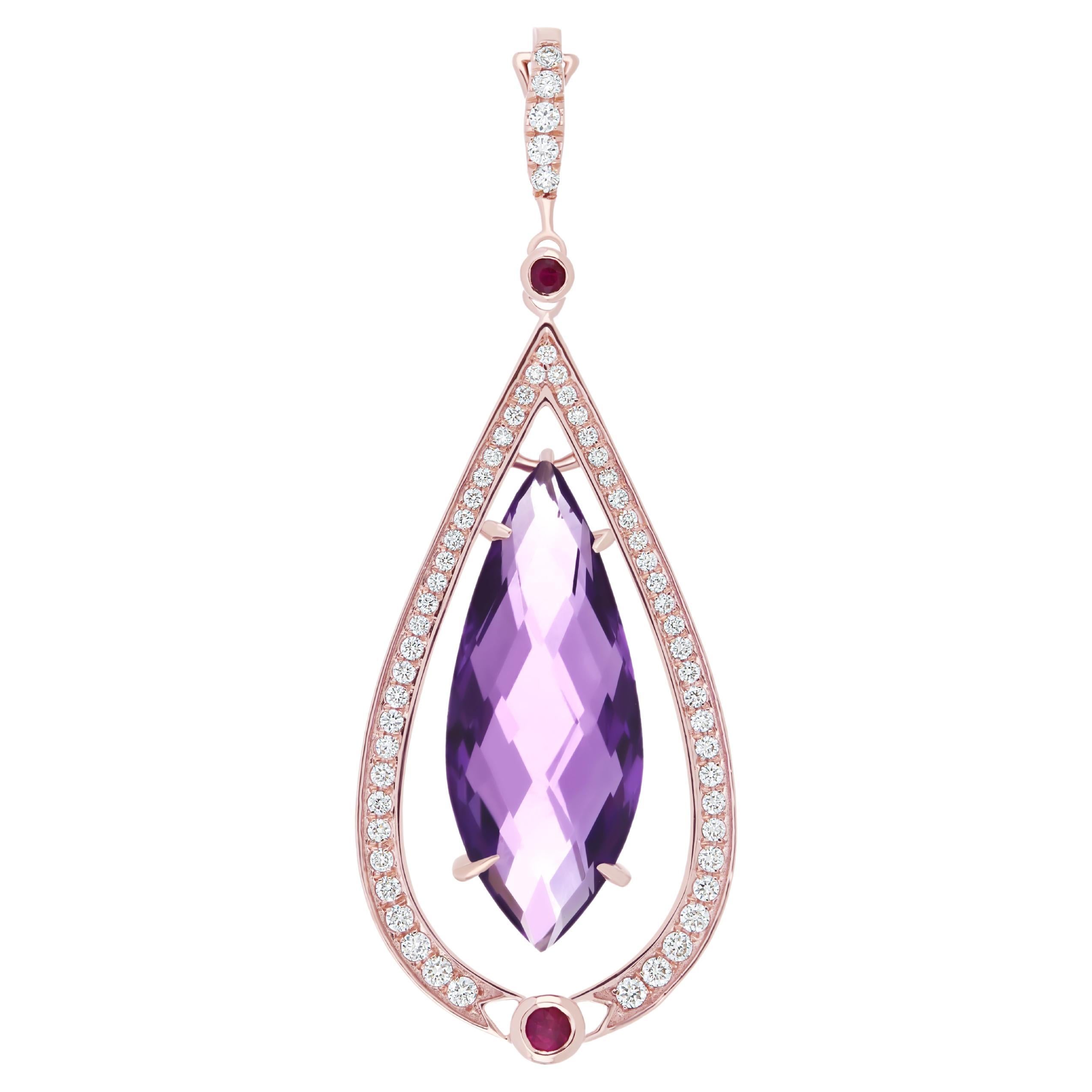 5.15Cts Amethyst, Ruby & Diamond Pendant in 14K Rose Gold Handmade jewelry  For Sale