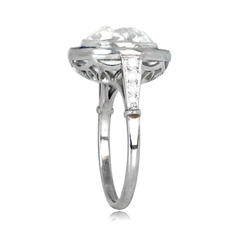 Art Deco 5.15ct Cushion Cut Diamond Engagement Ring, Sapphire Halo, Platinum For Sale