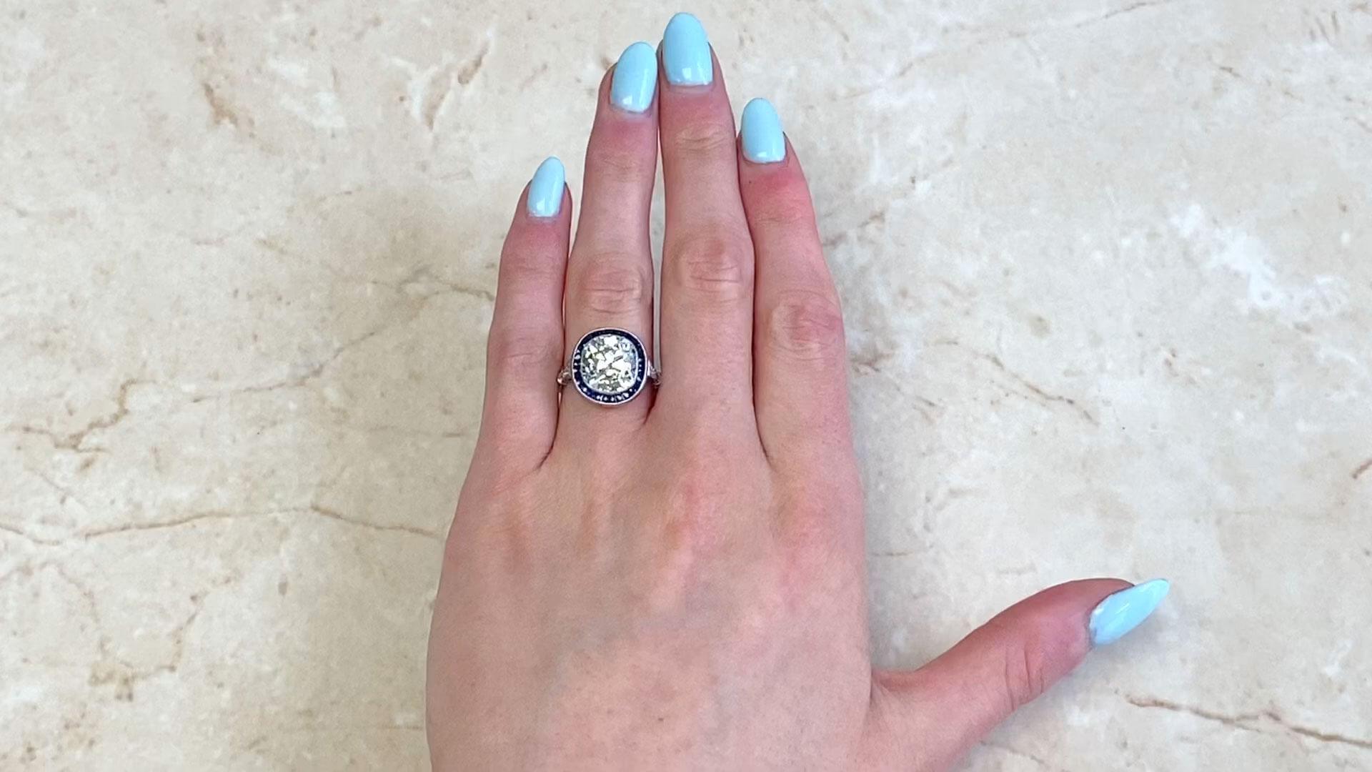 Art Deco Cushion Cut Diamond Engagement Ring (Approx. 5.10-Carats), Sapphire Halo For Sale