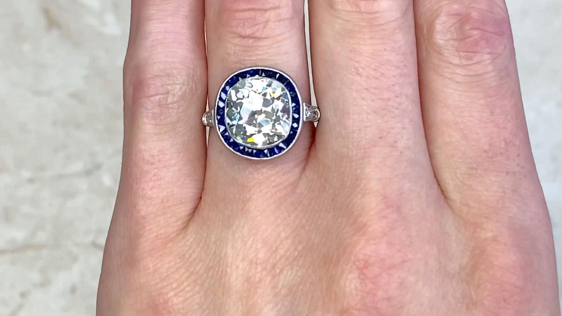 Cushion Cut Diamond Engagement Ring (Approx. 5.10-Carats), Sapphire Halo In Excellent Condition For Sale In New York, NY