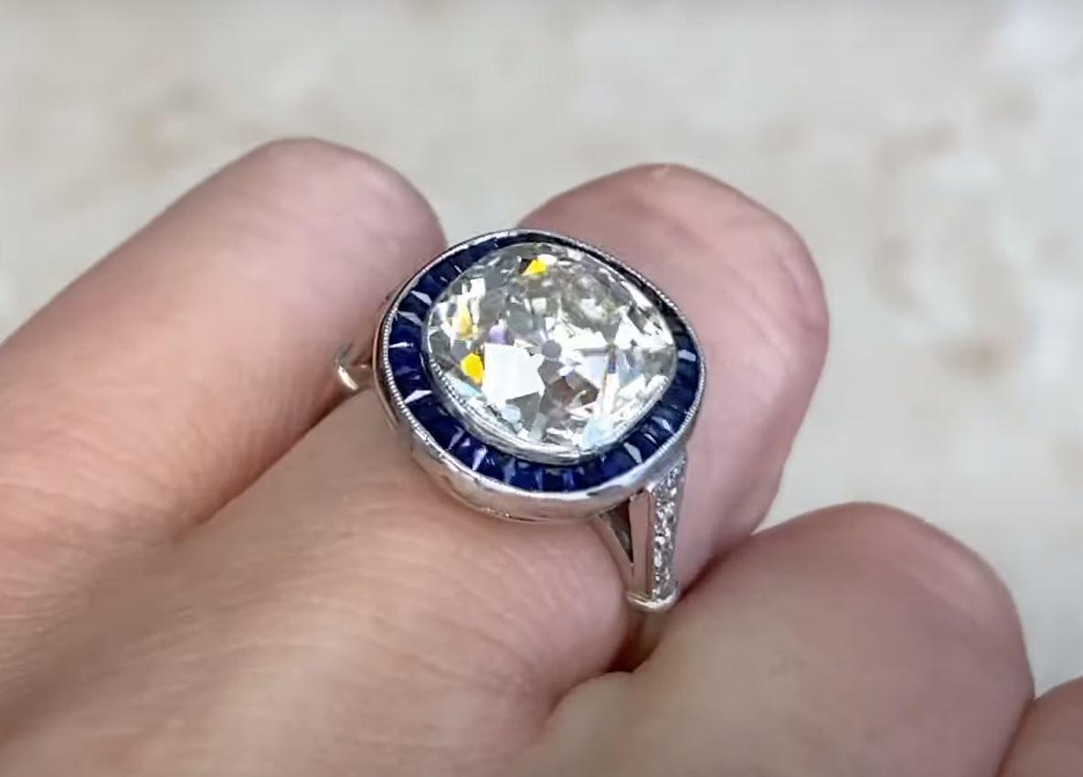 5.15ct Cushion Cut Diamond Engagement Ring, Sapphire Halo, Platinum For Sale 1