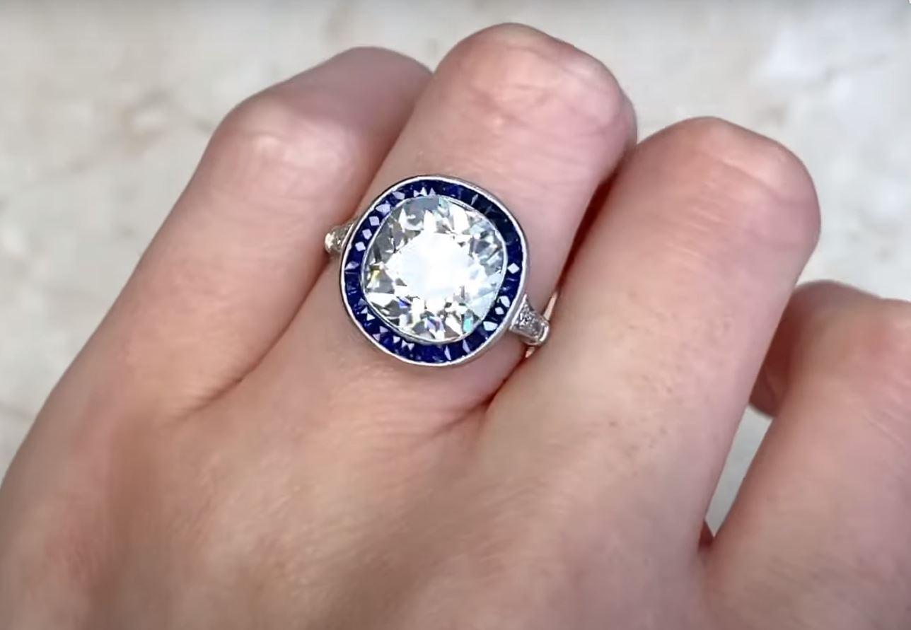 5.15ct Cushion Cut Diamond Engagement Ring, Sapphire Halo, Platinum For Sale 3