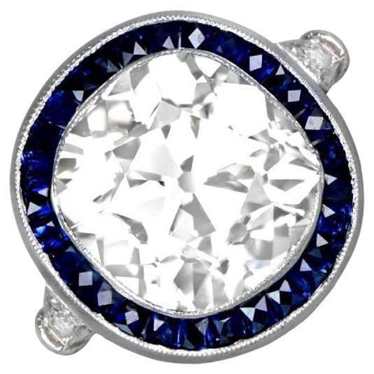 5.15ct Cushion Cut Diamond Engagement Ring, Sapphire Halo, Platinum For Sale