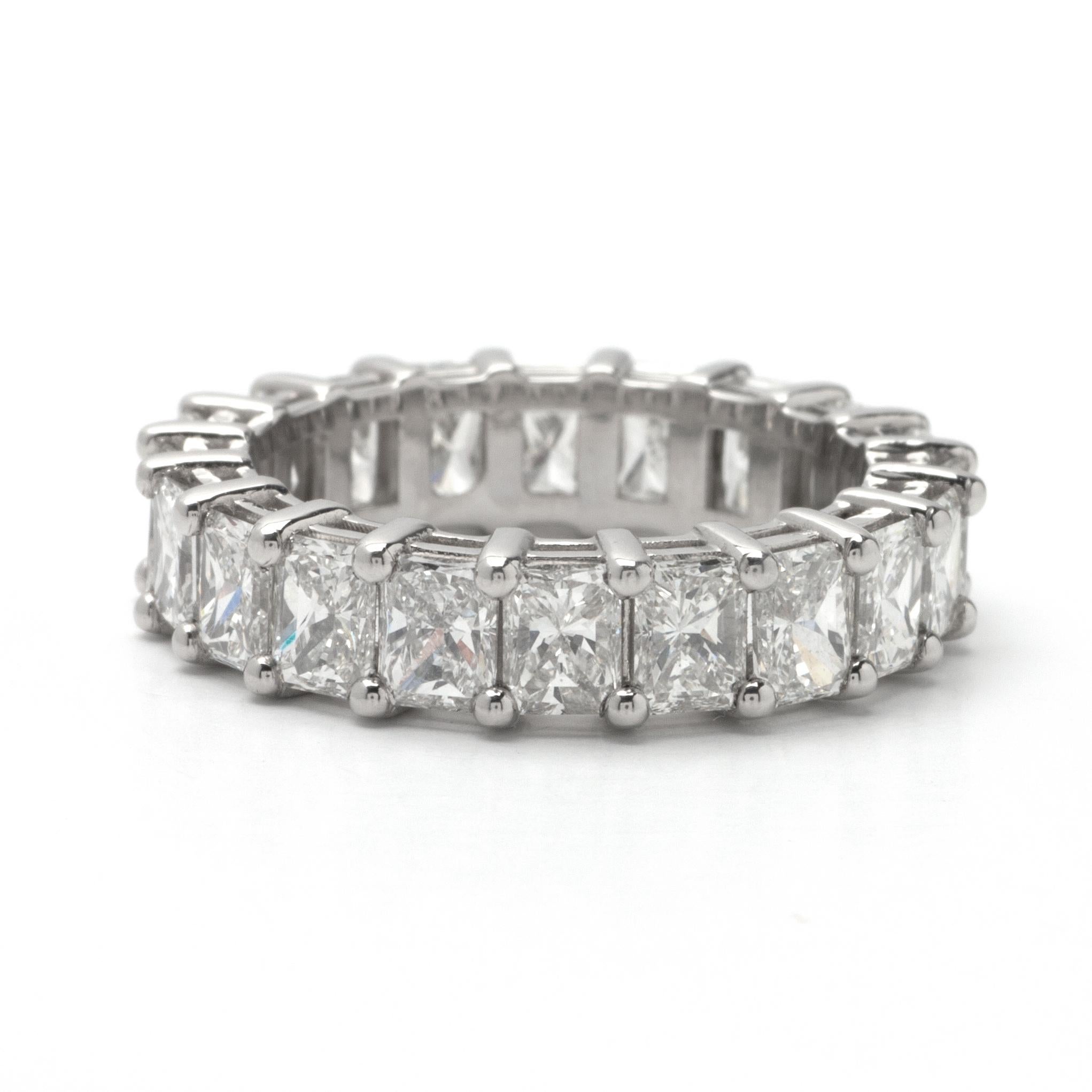 This gorgeous ring is a radiant eternity band for that special someone on any occasion, wedding, birthday, or anniversary. The radiant diamonds are 5.15 total carat weight set in 14k white gold. G color and VS1 clarity.