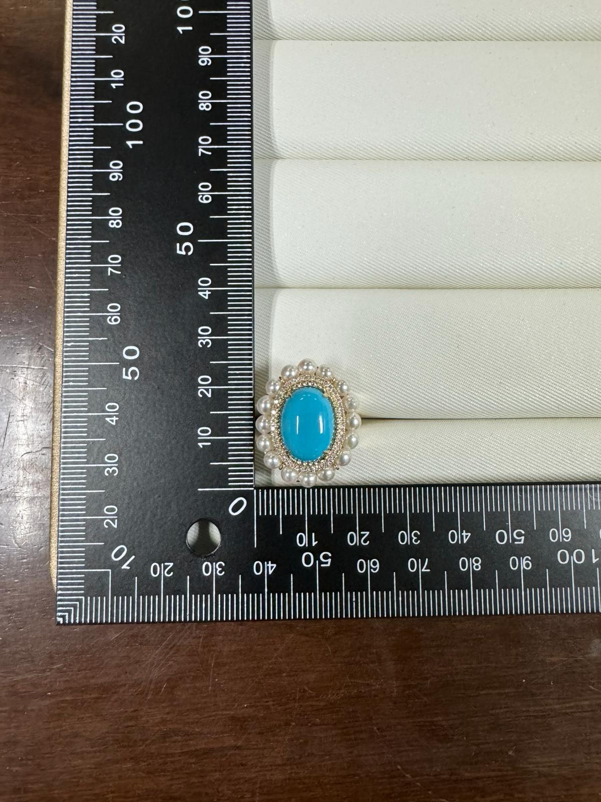 Contemporary 5.15Ct Turquoise Cabochon Pearl Diamond Ring in 14 Karat Yellow Gold For Sale