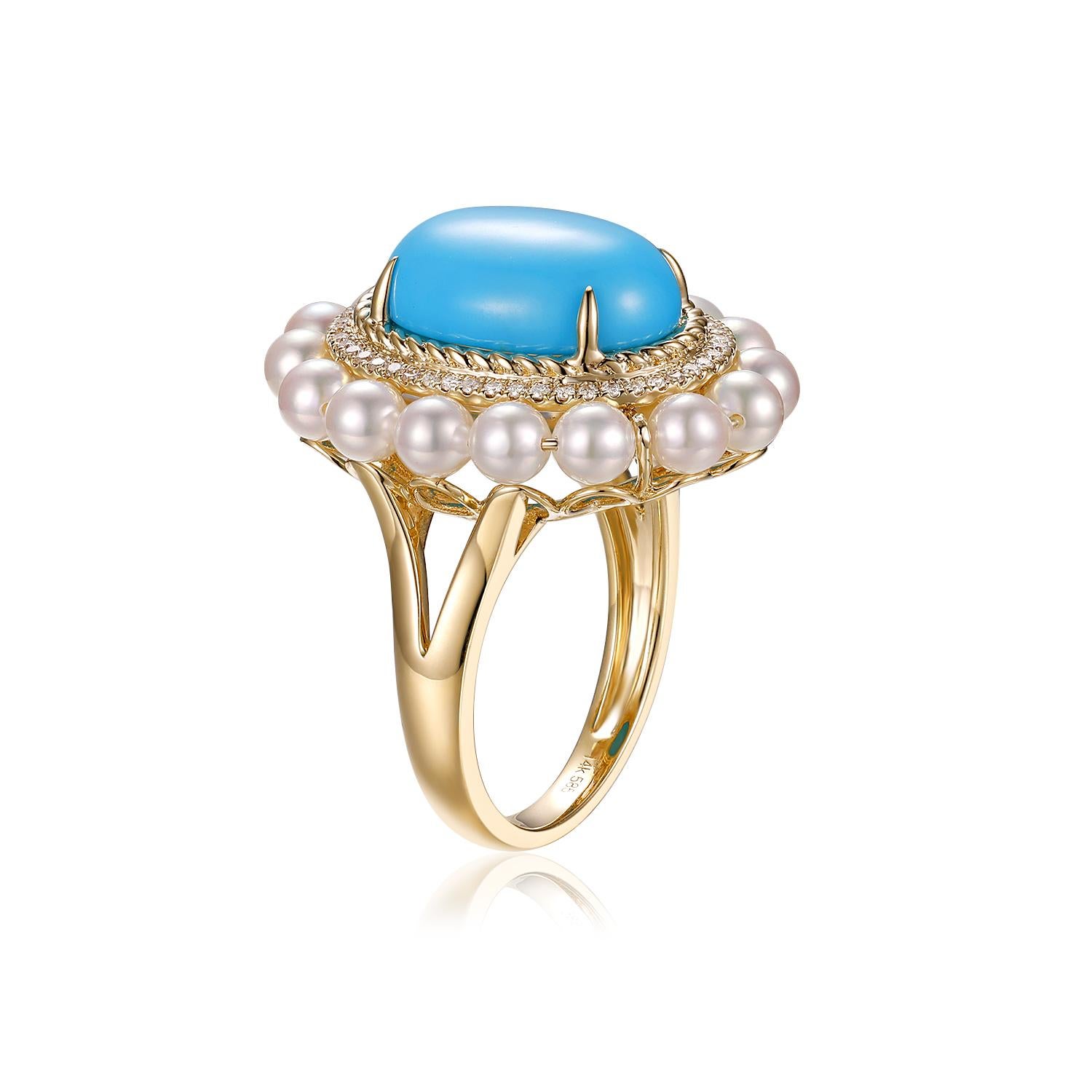 
This ring is an elegant composition of 14-karat yellow gold, featuring a central oval turquoise stone weighing 5.15 carats. The turquoise is notable for its vibrant, sky-blue color that has been cherished across civilizations for centuries, often
