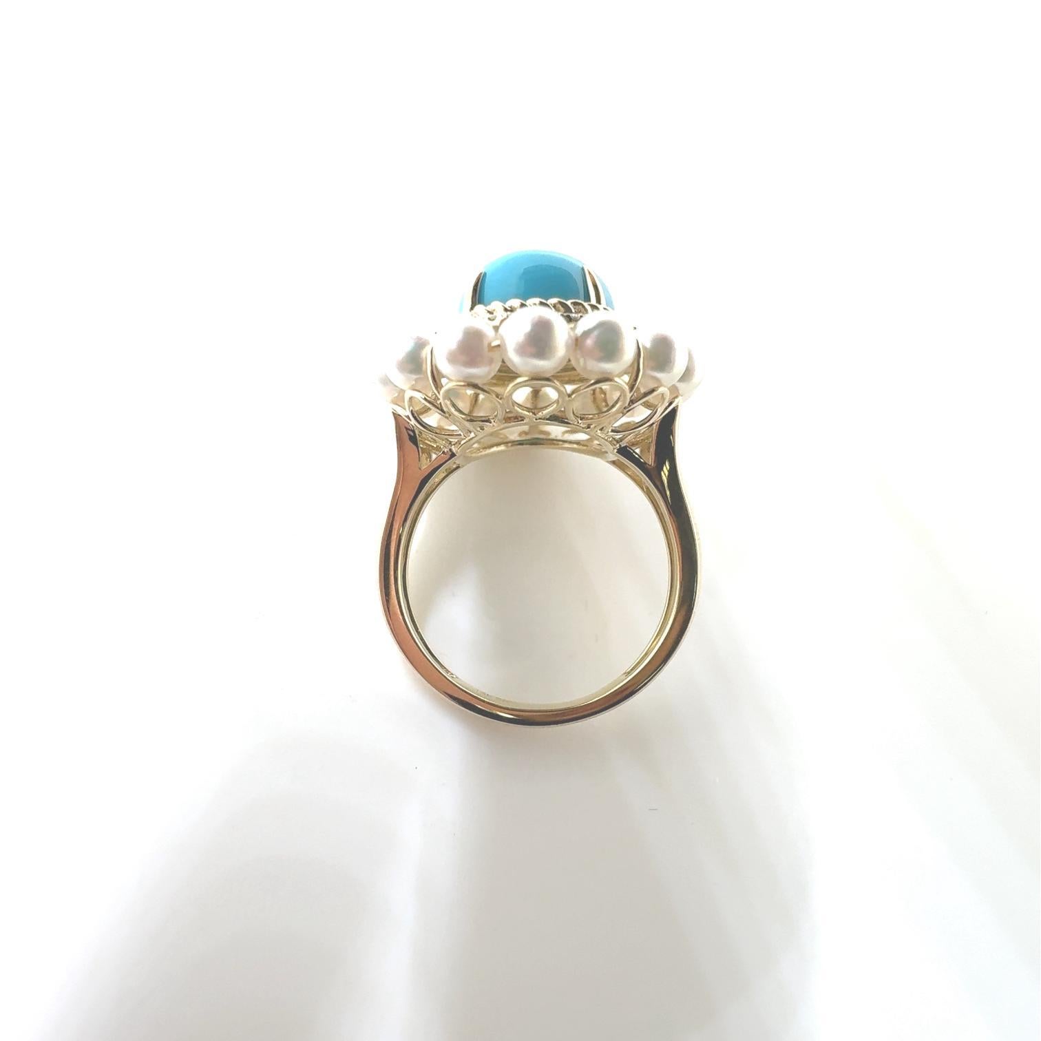 5.15Ct Turquoise Cabochon Pearl Diamond Ring in 14 Karat Yellow Gold In New Condition For Sale In Hong Kong, HK
