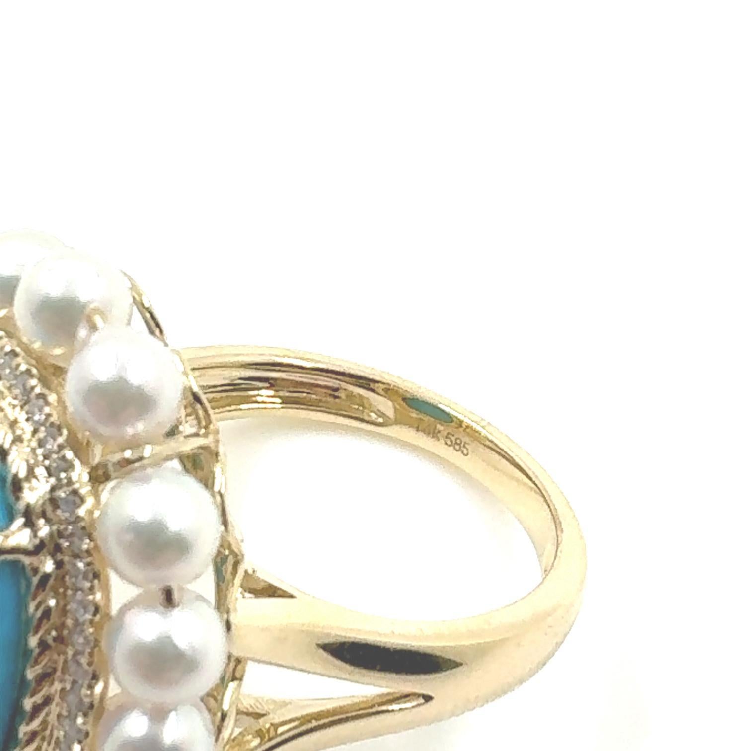 Women's or Men's 5.15Ct Turquoise Cabochon Pearl Diamond Ring in 14 Karat Yellow Gold