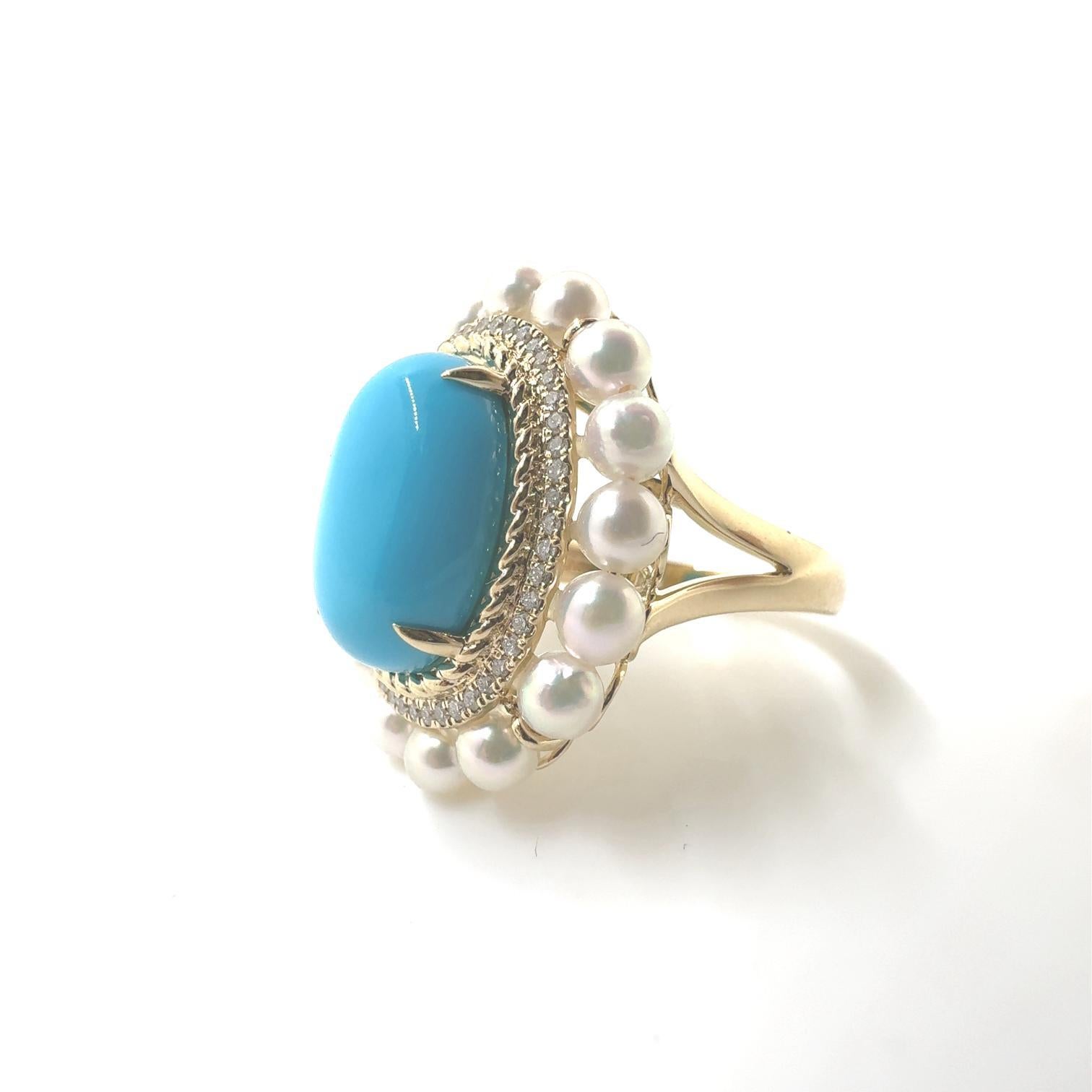 5.15Ct Turquoise Cabochon Pearl Diamond Ring in 14 Karat Yellow Gold For Sale 1