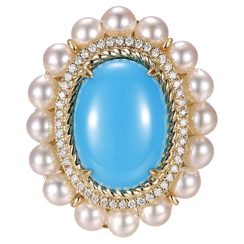 5.15Ct Turquoise Cabochon Pearl Diamond Ring in 14 Karat Yellow Gold For Sale