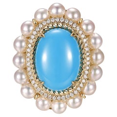 5.15Ct Turquoise Cabochon Pearl Diamond Ring in 14 Karat Yellow Gold