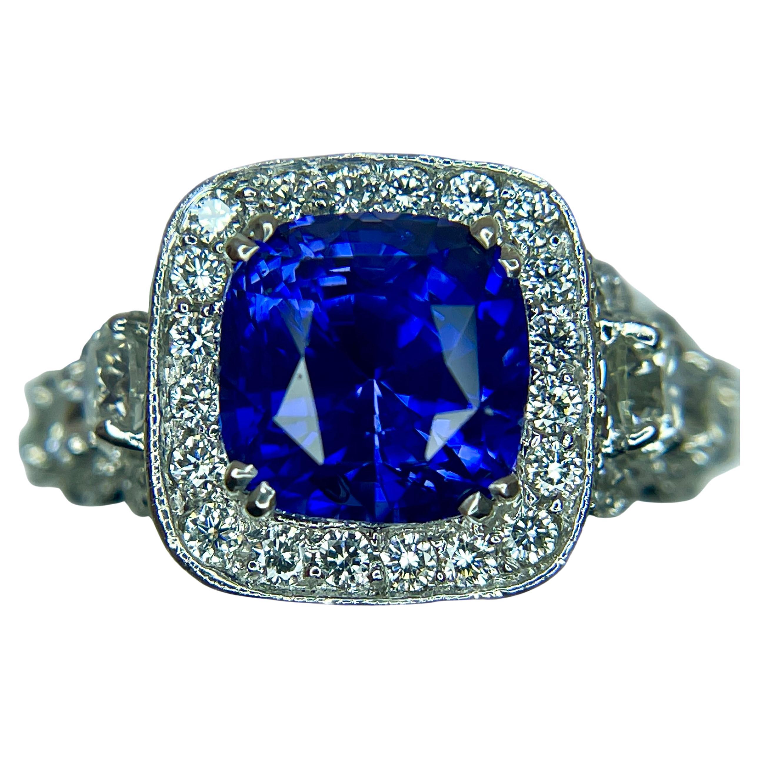 5.16 Carat Rich Blue Sapphire & Diamond 18K White Gold Ring
