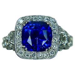 5.16 Carat Rich Blue Sapphire & Diamond 18K White Gold Ring