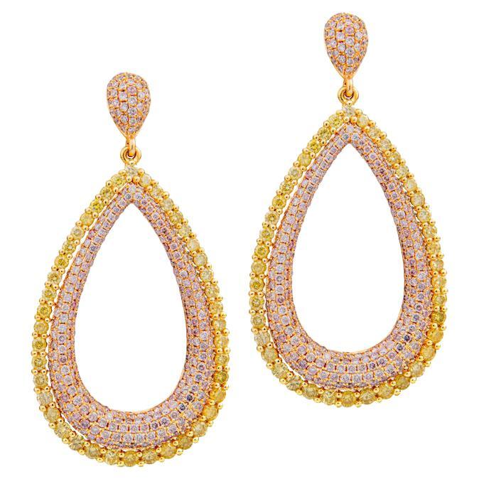 5.16 Carats Pink and Yellow Diamond Drop Earrings in 18KT Gold For Sale