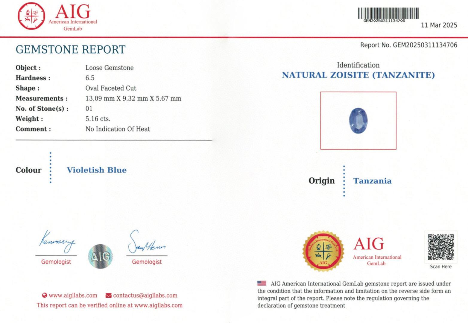 5,16 Ct AIG Certified Taglio di precisione non riscaldato Tanzanite zoisite anello pulito in vendita 2
