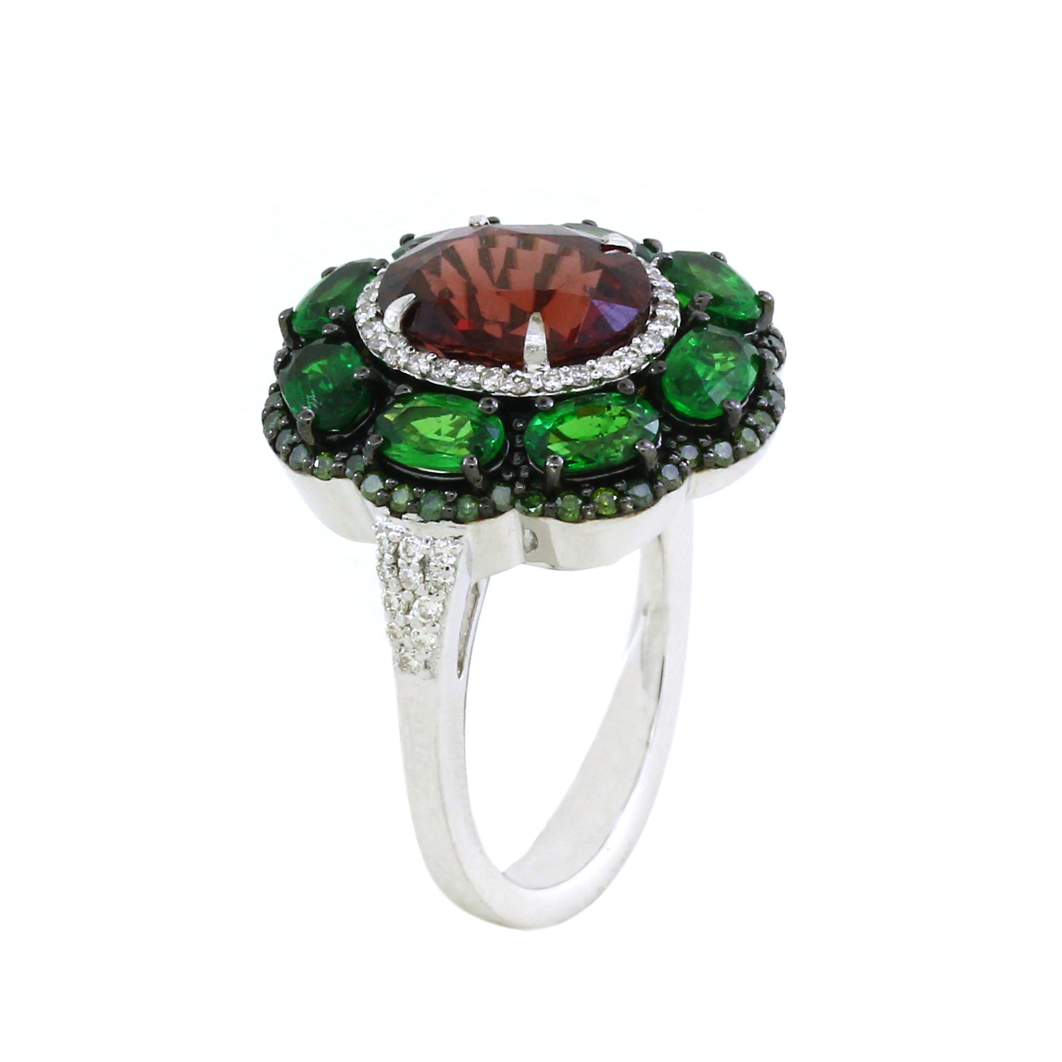 Introducing a breathtaking cocktail ring that epitomizes elegance and grandeur. The centerpiece is a striking 3.13-carat oval spinel, known for its captivating brilliance and unique hue. Surrounding the spinel is a halo of sparkling white round