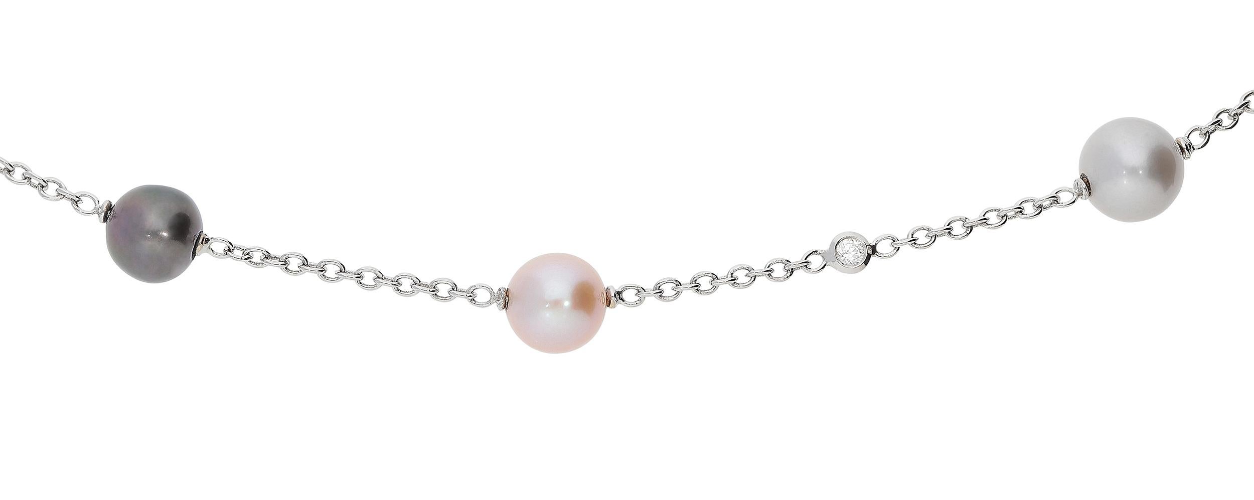 Round Cut 5.16 Carat White GSI Diamonds Pearls White Gold Pendant Long Chain Necklace For Sale