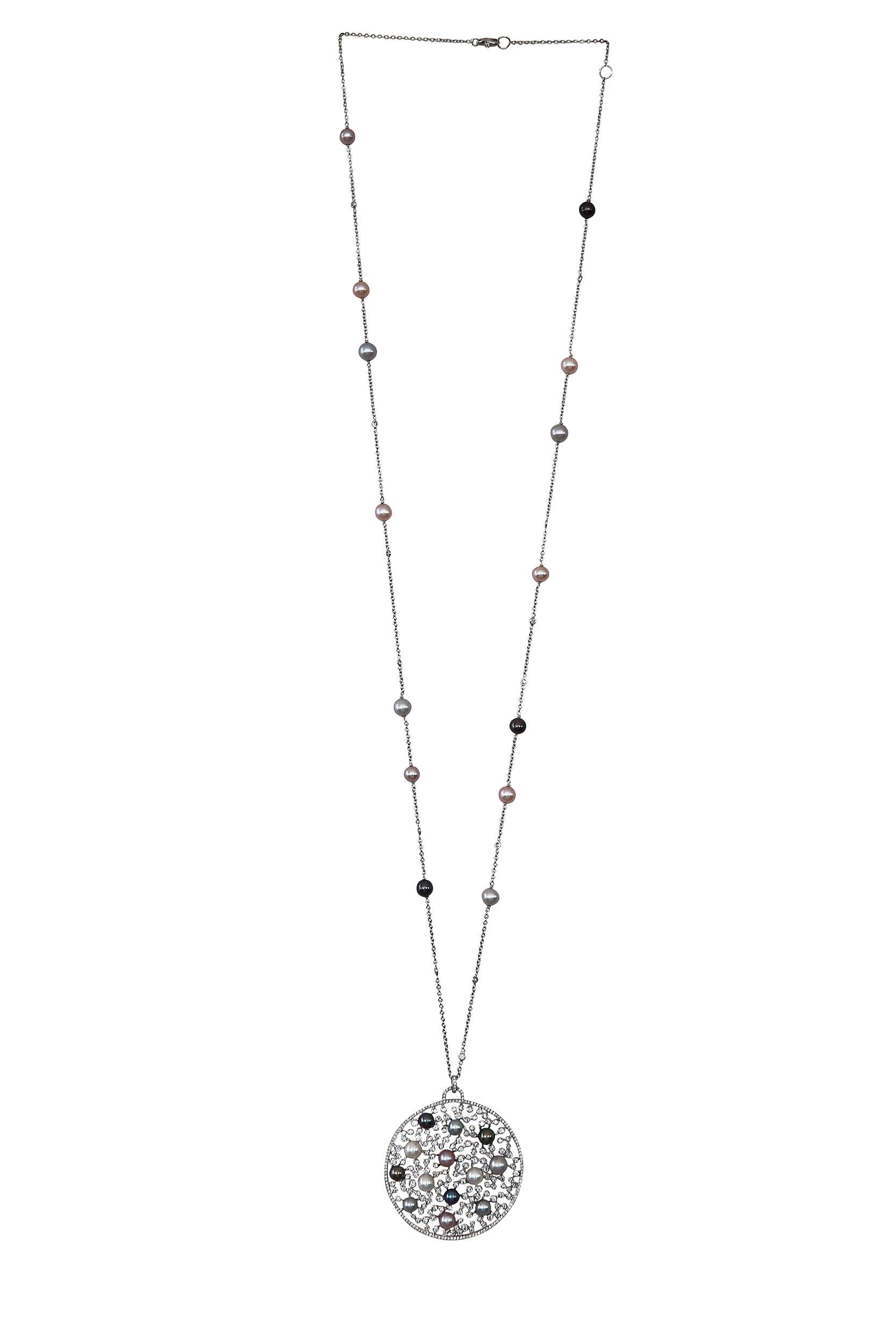Modern 5.16 Carat White GSI Diamonds Pearls White Gold Pendant Long Chain Necklace For Sale