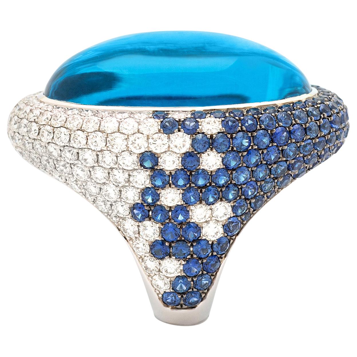 51.60 Carat Blue Topaze on Diamond and Sapphire Gold Ring