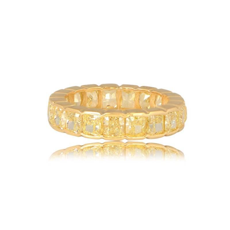 Art Deco 5.16ct Cushion Cut Fancy Yellow Diamond Eternity Band Ring, 18k Yellow Gold For Sale