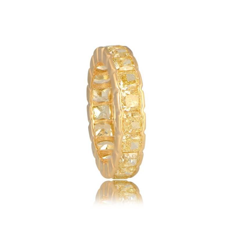 5.16ct Cushion Cut Fancy Yellow Diamond Eternity Band Ring, 18k Yellow Gold In Excellent Condition For Sale In New York, NY