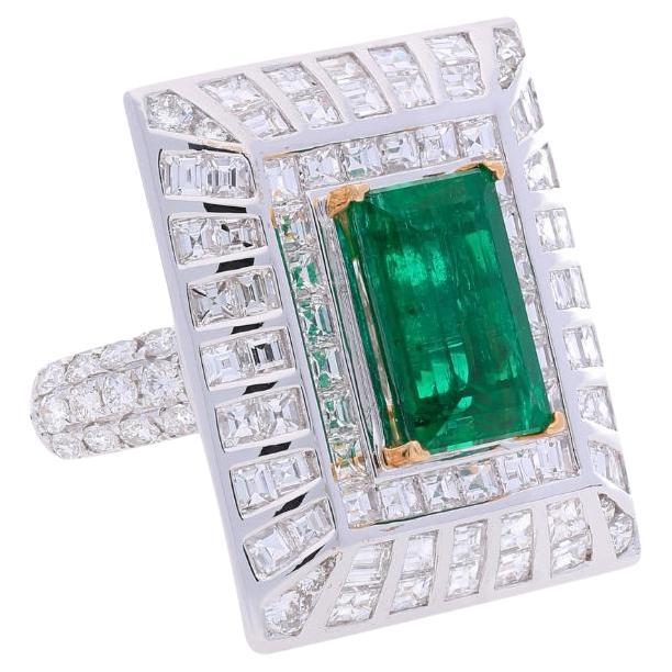 5.17 Carat Colombian Emerald & Baguette Diamond Rectangle Art Deco Frame Ring
