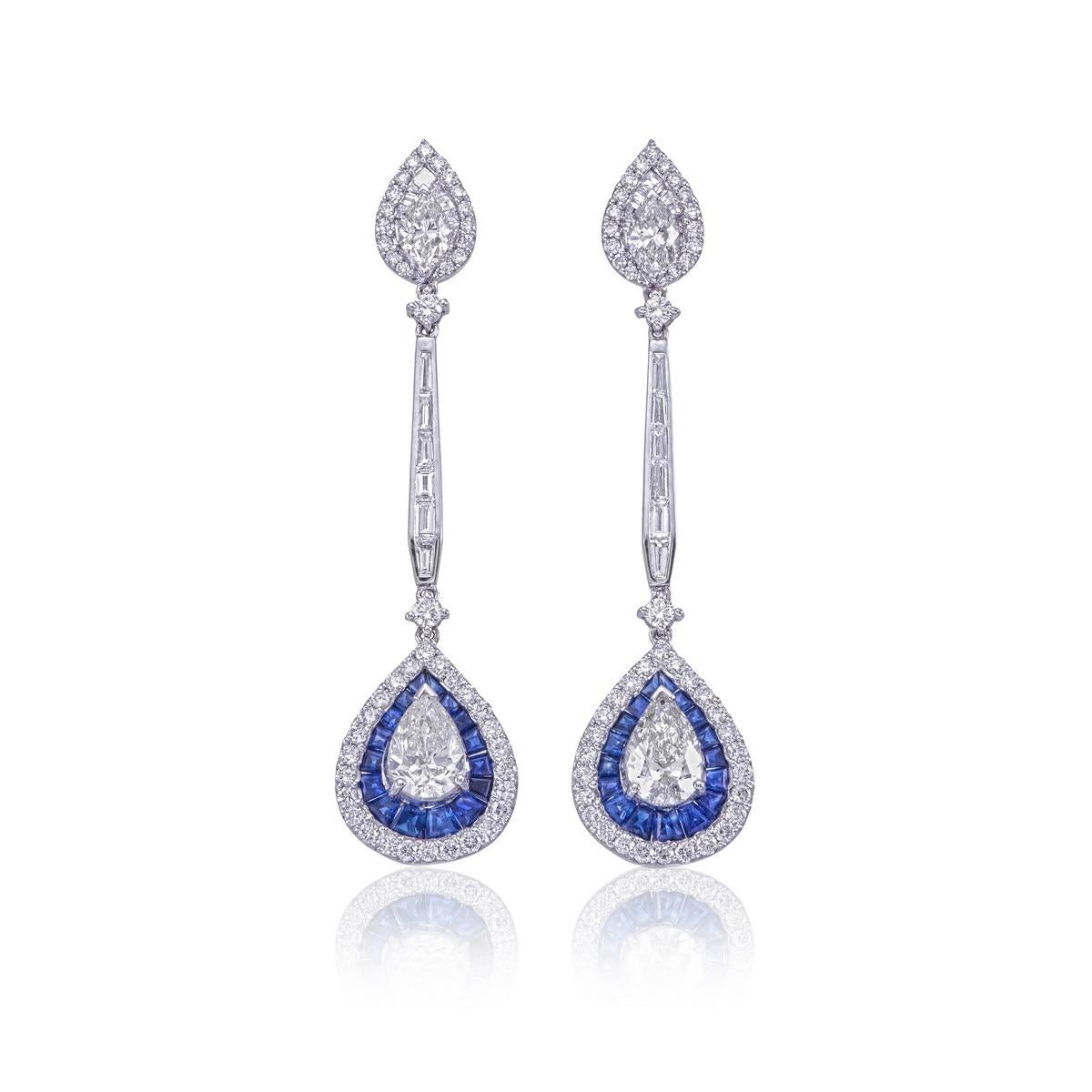 Pear Cut 5.17 Carat Diamond Earrings with Blue Sapphire in 18K White Gold For Sale
